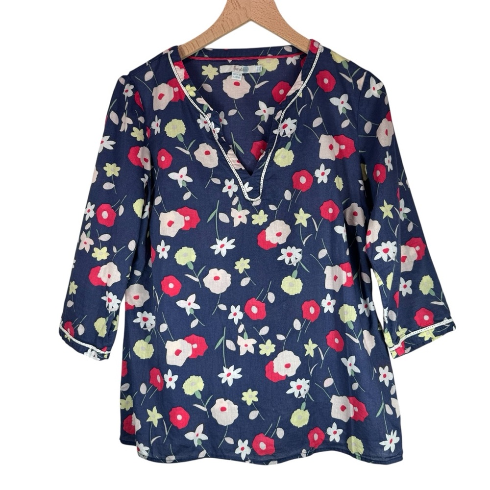 Boden Floral Blouse Women’s Size 8 Medium Cotton Tunic Cottagecore V Neck Spring